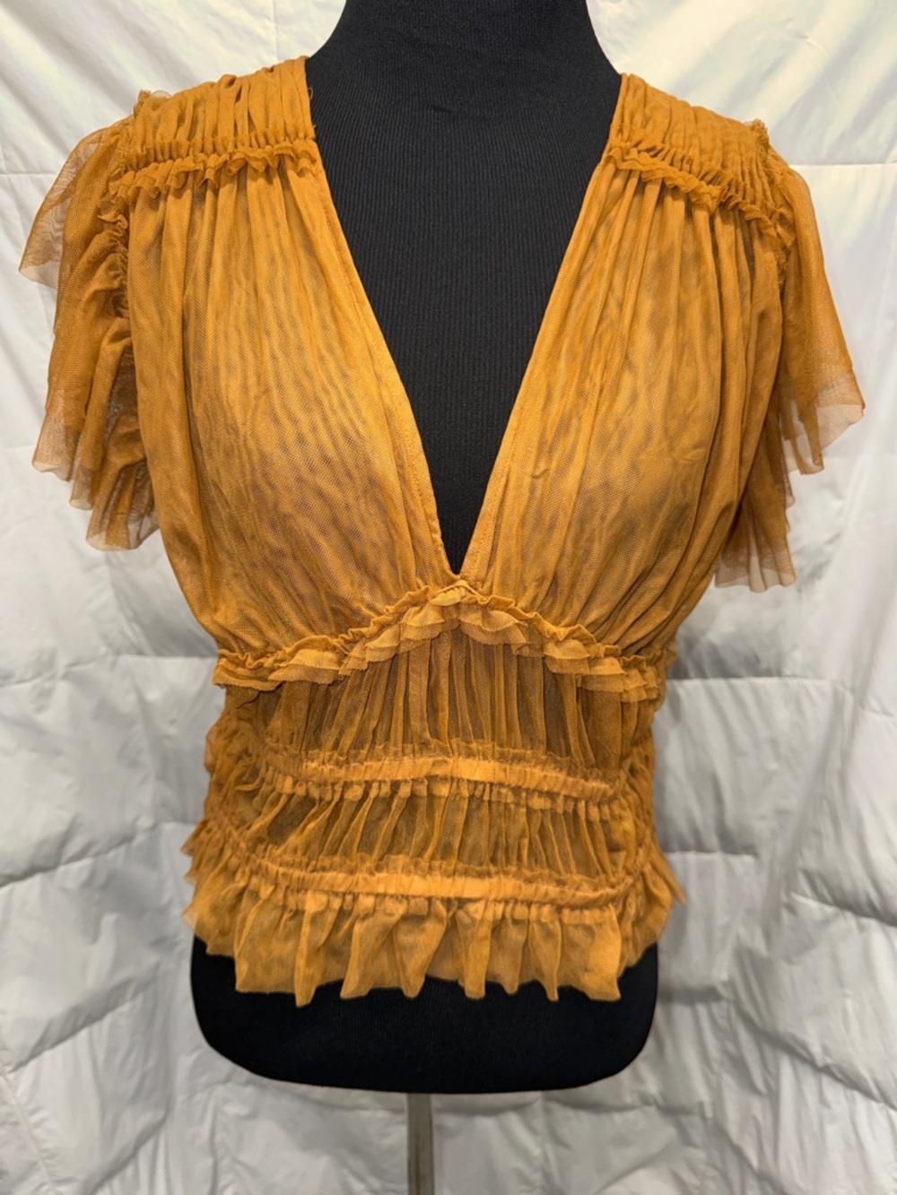 Free People Mustard Ruffled Sheer V-Neck Blouse